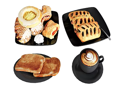 Assorted Pastries Toast And Pie With Latte Coffee On Black Plates 3d model