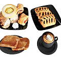 Assorted Pastries Toast And Pie With Latte Coffee On Black Plates