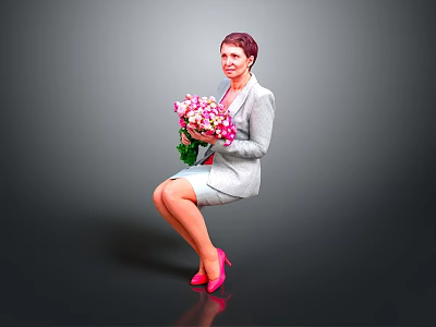 Woman in gray suit holding pink white bouquet wearing pink high heels against gray background 3d model