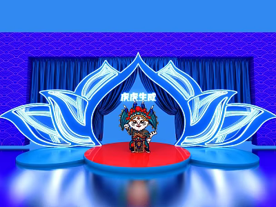 Top Cherry Themed Stage With Cartoon Character On Red Platform And Blue Lotus Backdrop 3d model