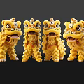 Yellow Decorative Lion Dance Statues With Detailed Manes And Bells On Black Background