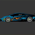 Blue Sports Car With Colorful Graffiti Stickers And Rear Spoiler Design