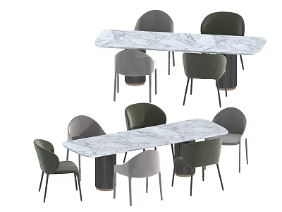 Modern Furniture Set With Marble Long Tables And Gray Green Chairs 3d model