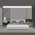 Modern Bedroom Interior With Light Gray Bed Nightstand Lamp Plant Wall Paneling And Wooden Floor