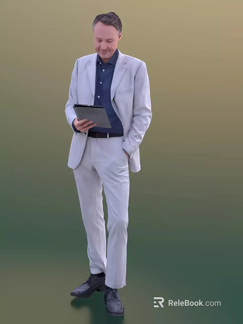 Man In Light Gray Suit Standing And Holding Tablet Device 3d model 