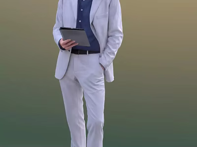 Man In Light Gray Suit Standing And Holding Tablet Device 3d model