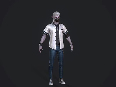 Masked Game And Movie Character With Silver Hair White Shirt Black Cuffs Plaid Pants Sneakers 3d model