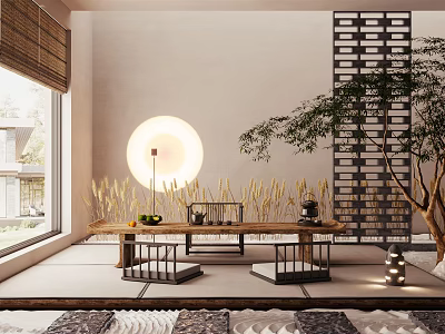 Cozy Traditional Japanese Tea Room Interior With Tatami Wooden Table Round Lamp And Green Plant 3d model