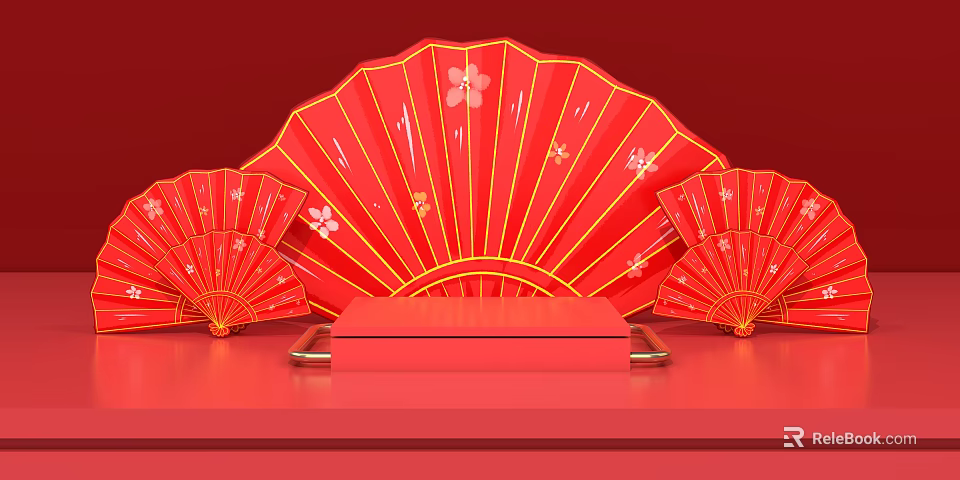 Traditional Red Chinese Fans With Floral Patterns On Red Display Platform 3d model 
