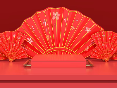 Traditional Red Chinese Fans With Floral Patterns On Red Display Platform 3d model