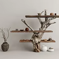 Wooden Tree Trunk Design Shelf in Natural Style with Decorative Vases Bowls and Branches