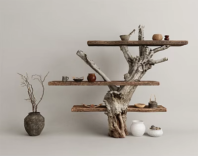 Wooden Tree Trunk Design Shelf in Natural Style with Decorative Vases Bowls and Branches 3d model