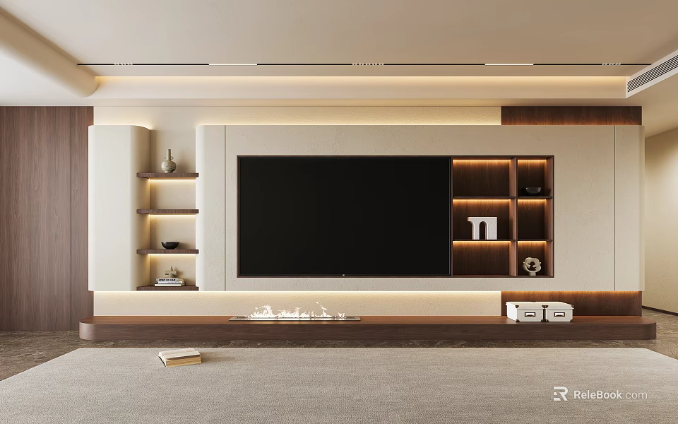 Modern Living Room With TV Wall Wooden Decor Recessed Lighting Open Shelves And TV Cabinet 3d model 