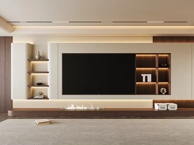 Modern Living Room With TV Wall Wooden Decor Recessed Lighting Open Shelves And TV Cabinet 3d model