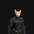 Detailed Game and Movie Character With Black Armored Suit Helmet Cape and Blue Tech Accents