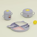 Cute Light Purple Tableware Set With Cat Ear Divided Plate Fork Spoon And Yellow Lid 3d model