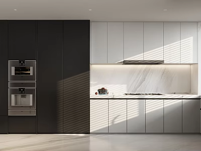 Modern Kitchen Interior Design With Dark And Light Cabinets Marble Countertop Oven And Natural Light 3d model