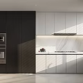 Modern Kitchen Interior Design With Dark And Light Cabinets Marble Countertop Oven And Natural Light