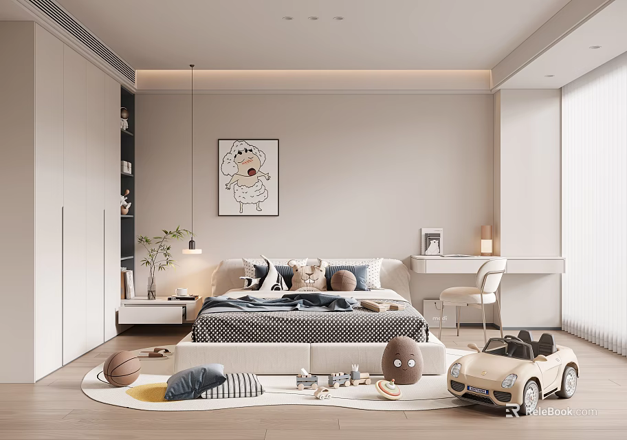 Cozy Modern Kids Bedroom With Toys Bed Desk And Rug 3d model 