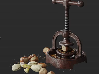 Vintage Nut Press With Fresh Pistachios And Crushed Nut Pieces 3d model