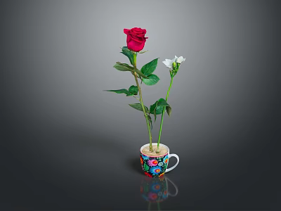Red Rose and Small White Flower Arranged in Colorful Decorative Cup 3d model