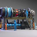 Industrial Equipment With Orange Robotic Arms And Workers In Blue Uniforms In Operation
