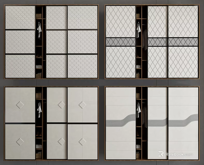 Modern Wardrobe Sliding Door Designs With Grid Patterns Wave Lines And Neutral Colors 3d model 