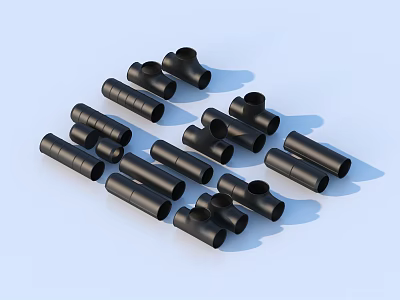 Black Pipe Fittings Various Shapes for Household Daily Necessities on Light Blue Background 3d model