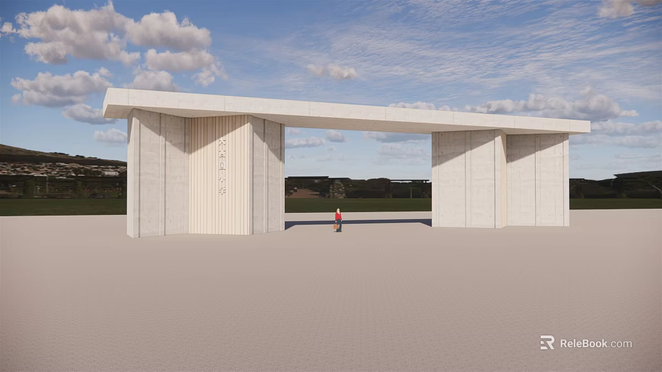 Modern Concrete Entrance Gate With Tall Pillars Open Sky And Landscape View 3d model 