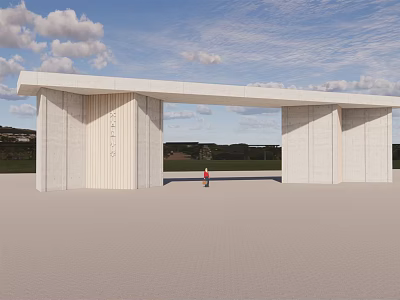Modern Concrete Entrance Gate With Tall Pillars Open Sky And Landscape View 3d model