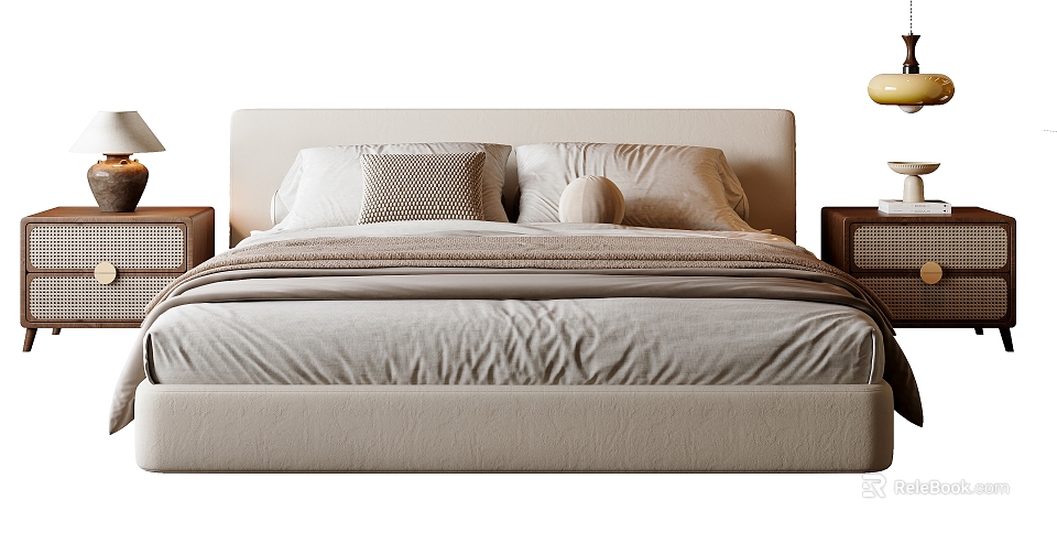Cozy Double Bed With Beige Headboard Soft Pillows And Wooden Nightstands 3d model 