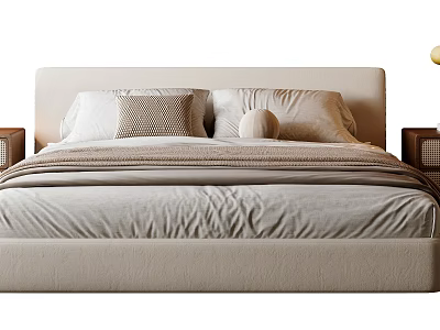 Cozy Double Bed With Beige Headboard Soft Pillows And Wooden Nightstands 3d model