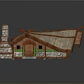 Cartoon Cottage Scene With Stone Walls Thatch Roof Wooden Beams And Green Decorations