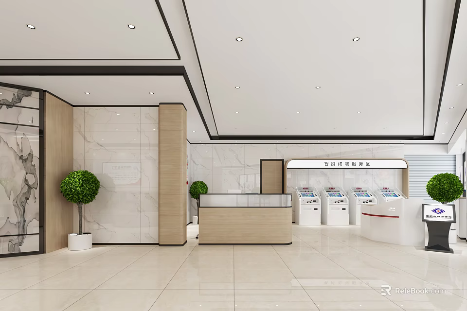 Modern Commercial Bank Lobby With Marble Walls Self-service Kiosks Potted Plants And Bright Lighting 3d model 