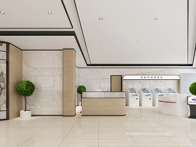 Modern Commercial Bank Lobby With Marble Walls Self-service Kiosks Potted Plants And Bright Lighting 3d model