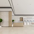 Modern Commercial Bank Lobby With Marble Walls Self-service Kiosks Potted Plants And Bright Lighting