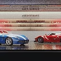 Blue And Red Sports Cars In Modern Auto Showroom With Wall Logos