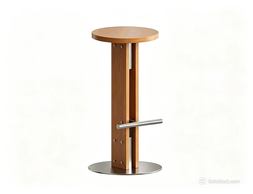Modern Minimalist Wooden Bar Stool With Stainless Steel Footrest And Round Metal Base 3d model 