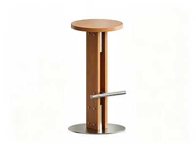 Modern Minimalist Wooden Bar Stool With Stainless Steel Footrest And Round Metal Base 3d model