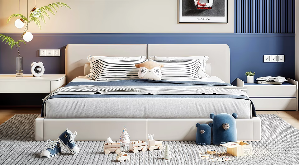 Kids Bed With Striped Pillows Owl Plush Toy And Playful Wooden Toys 3d model 