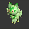 Green Cartoon Cat Like Animal With Big Pink Eyes And Pointed Ears
