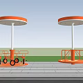 Outdoor Rotating Playground Equipment With Orange Round Canopy Green Trees And Grass Area