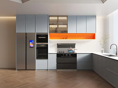 Modern Kitchen Interior Design With Gray Cabinets Orange Accent And Stainless Steel Appliances 3d model