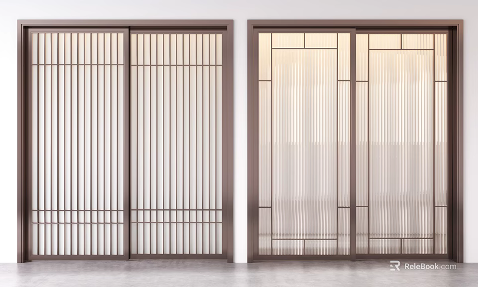 Modern Sliding Doors With Lattice Grid Design And Sheer Curtain Panels 3d model 