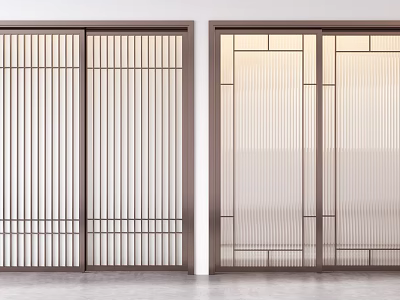 Modern Sliding Doors With Lattice Grid Design And Sheer Curtain Panels 3d model