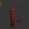 Blue Industrial Handcart Standing Next To Red Gas Cylinder On Dark Surface
