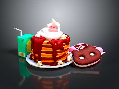 Pancakes Topped With Strawberry Syrup Cream Marshmallows Served With Green Drink Box And Pink Cookie 3d model