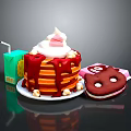 Pancakes Topped With Strawberry Syrup Cream Marshmallows Served With Green Drink Box And Pink Cookie