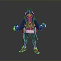 Futuristic Cyberpunk Character With Neon Green Eyes Glowing Tech Backpack Dark Coat Purple Accents