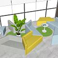 Modern Sofa and Coffee Table Set with Gray Yellow Blue Sofas Green Plant and Windows 3d model